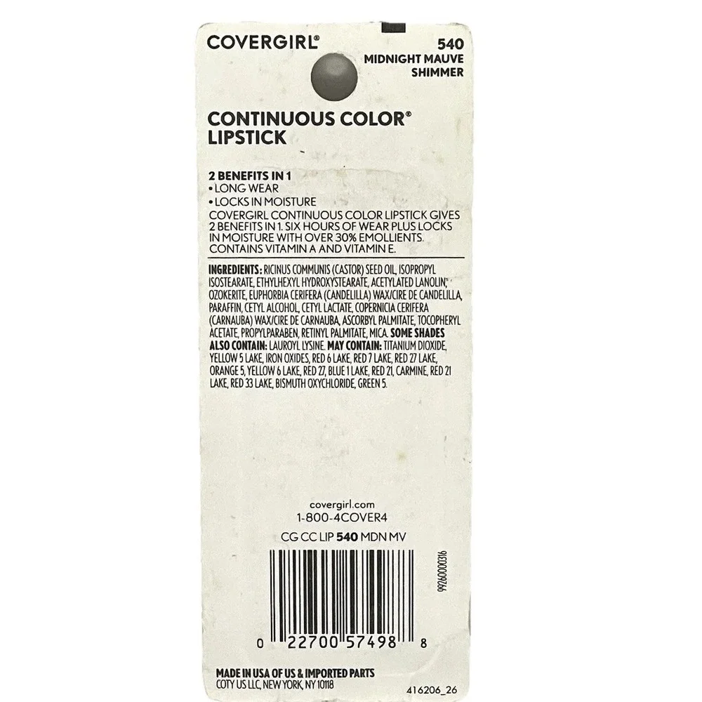 Vintage CoverGirl Continuous Color Lipstick Midnight Mauve 540 New Discontinued